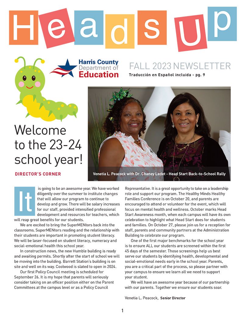 This is the cover of the Head Start Heads Up newsletter